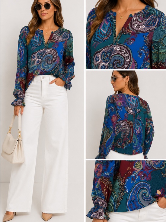 Zac & Rachel Tops - Zac & Rachel | NWOT Boho Teal Multi Paisley Split-Neck Blouse (size L)